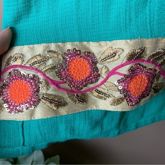 [Soft Surroundings] Aqua Green/Blue Beaded Embroidered Boho 3/4 Sleeve Top - Picture 4 of 8